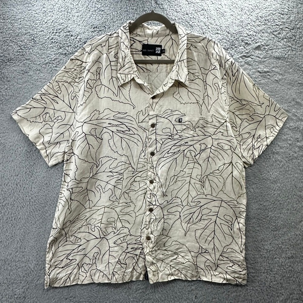Sig Zane Design Hilo HI Men's 2XL 100% Linen Button Up Shirt Leaf Print Beige